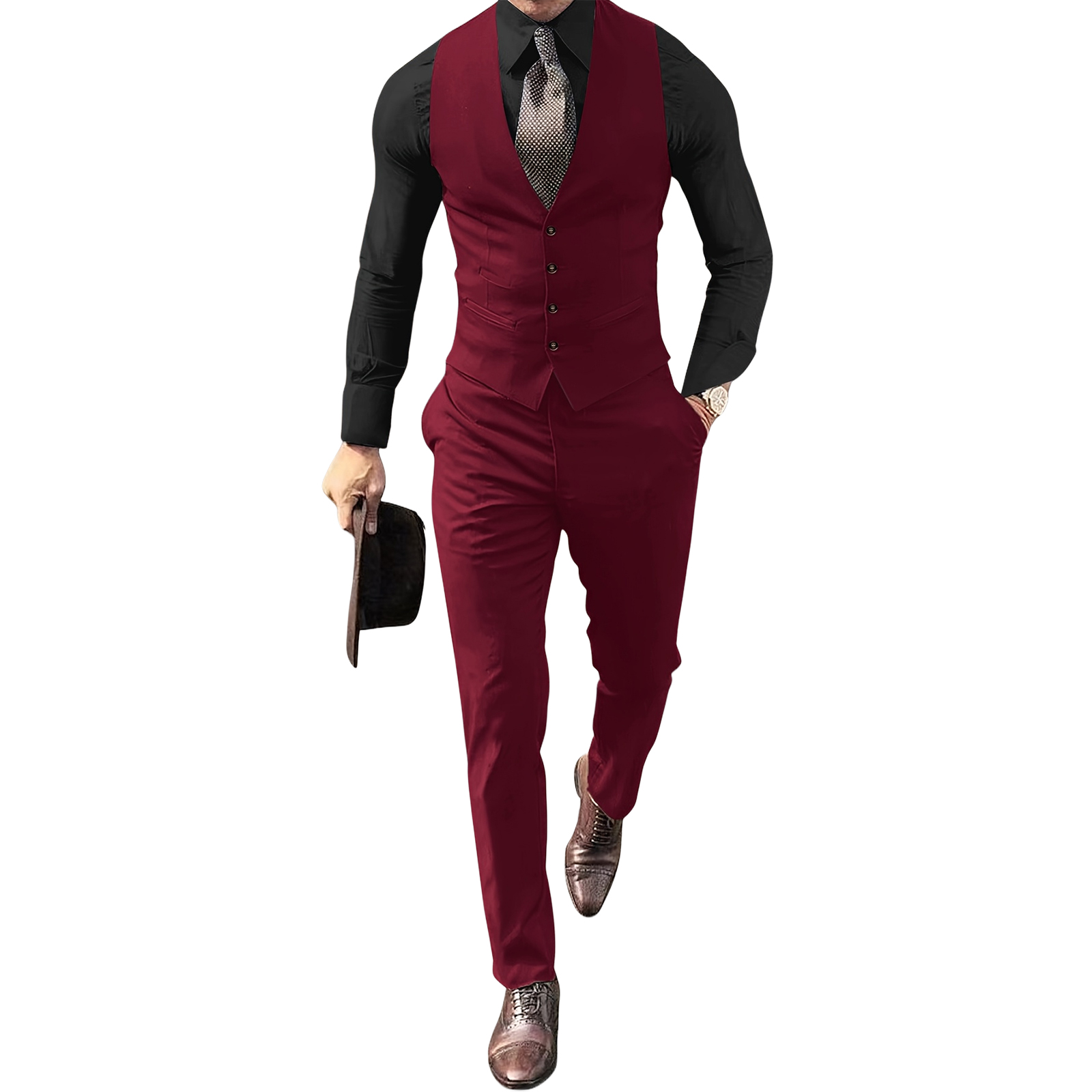 Men Formal Wear Outfits - Herren Burgunderroter 2-Teiliger Anzug mit Weste,