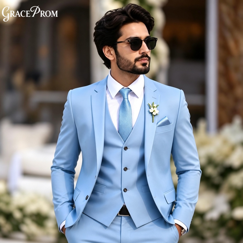 Men'S Formal Evening Wear - Eleganter Hellhimmelblauer 3-teiliger Herren-Smoking-Anzug mit Revers,