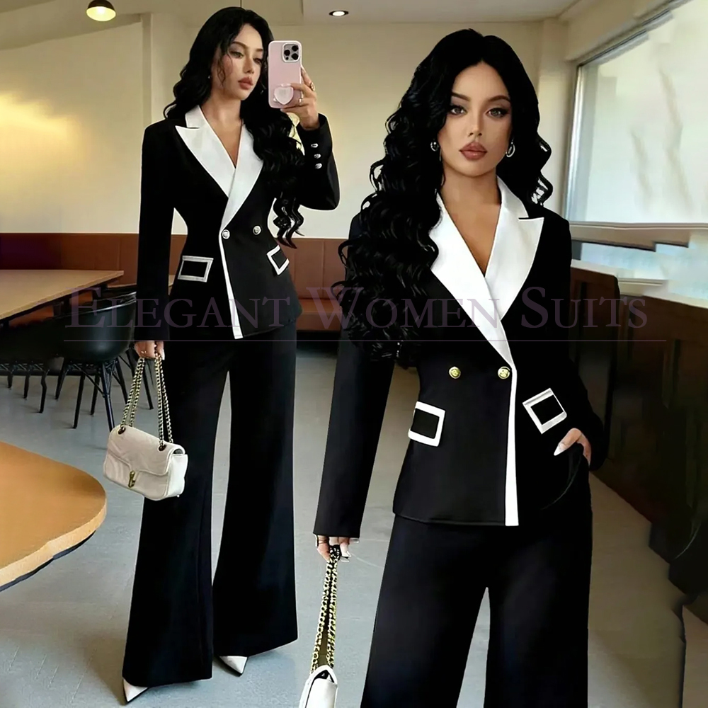 Double Breasted Blazer - Luxuriöse Schwarze Damenkostüme 2-teilig Jacke und