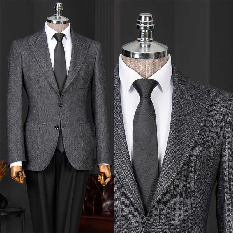 Men Linen Formal Wear - Klassischer Fischgrät-Männeranzug, 2-teilig, mit Reverskragen, Blazer