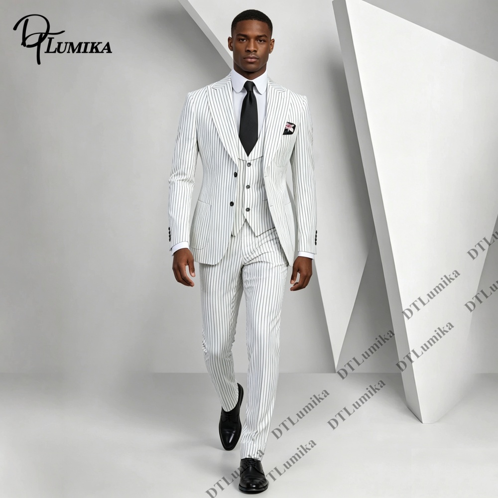 Men Formal Wear Outfits - Klassischer Herrenanzug mit Nadelstreifen, 3-teilig, weiß-schwarz
