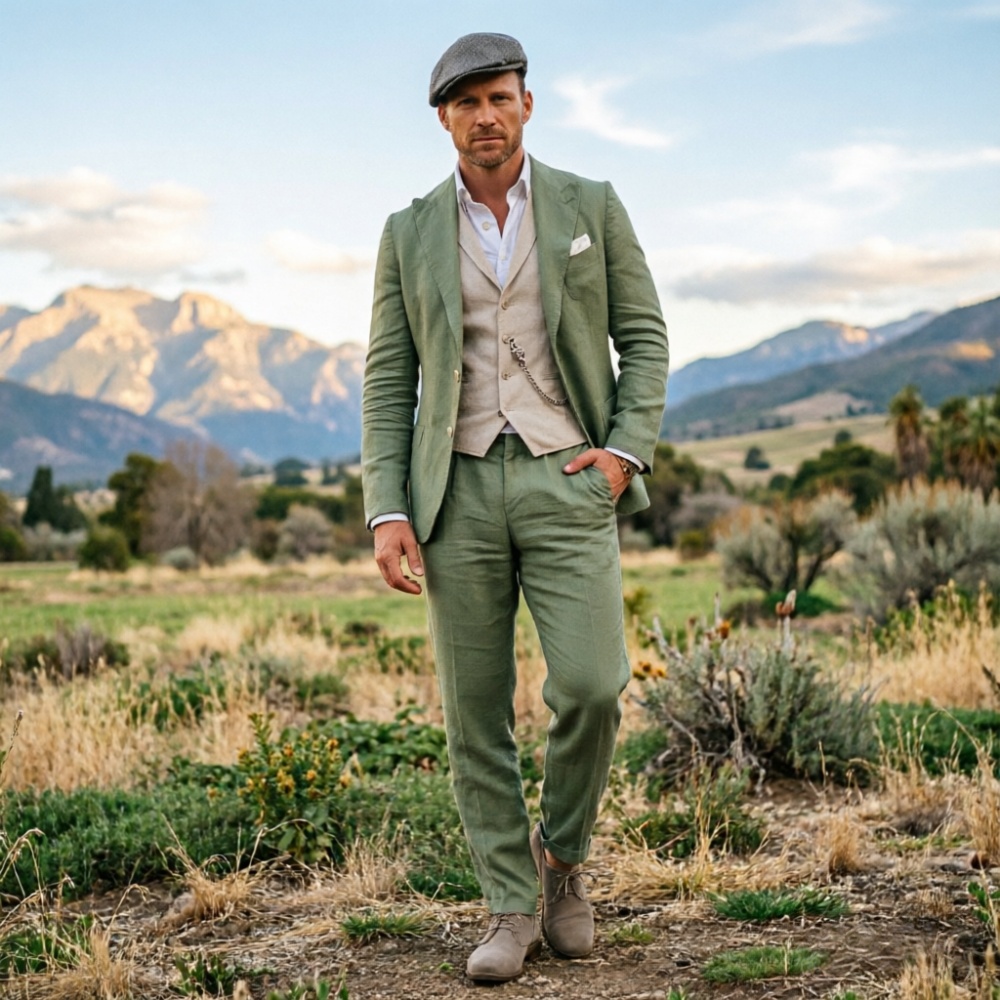 Salbeigrüner Leinenanzug für H – Men Linen Formal Wear Bewertung und Preis